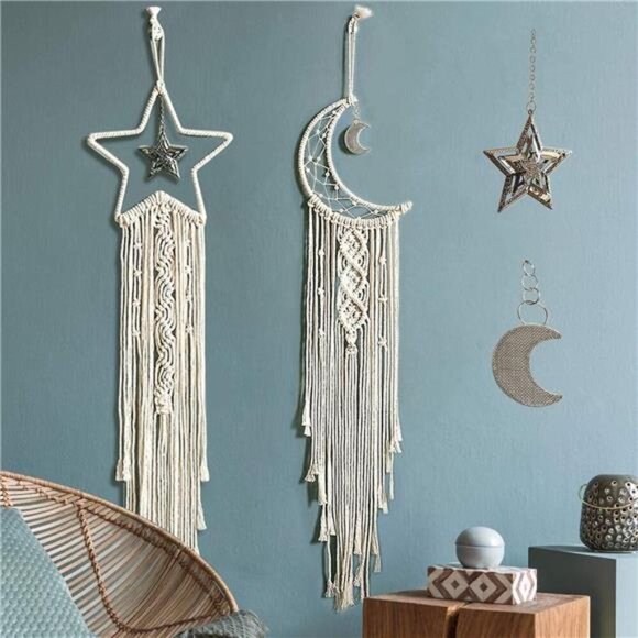 Moon Star Dream Catcher Decor,2pcs Boho Home Moon Star Dreamcatcher,Macrame Wall - Picture 6 of 7